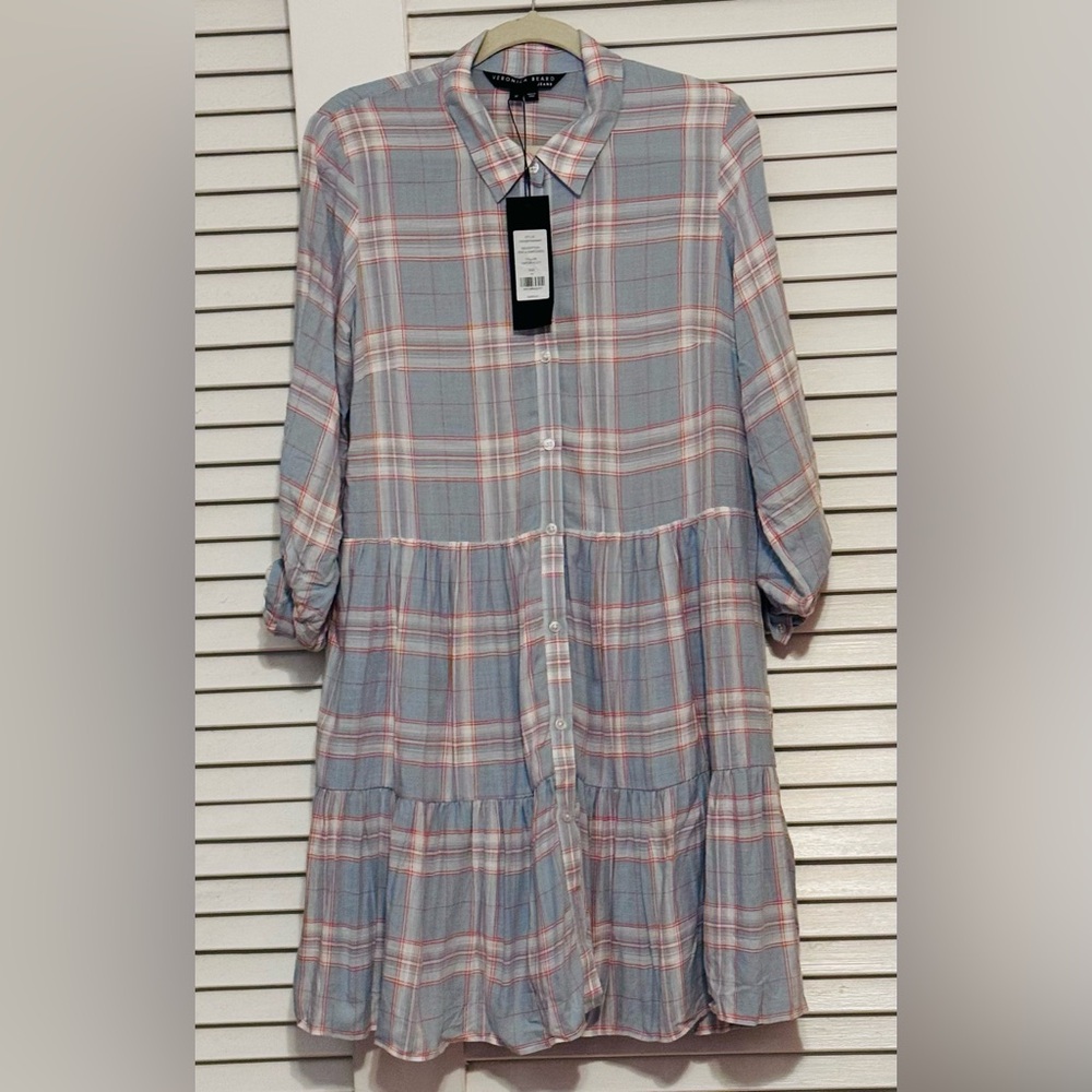 Veronica Beard Light Blue and Pink Plaid Shirt Dress - Picture 5 of 7
